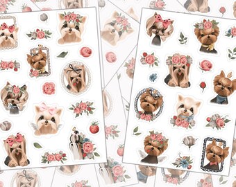 Yorkie Gifts, Sticker Sheet, Small Dog Sticker, Sticker Shop, Yorkie Mom, Journal Sticker, Yorkie Sticker, Flower Sticker, Cute Dog Stickers