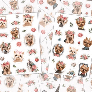 Yorkie Gifts, Sticker Sheet, Small Dog Sticker, Sticker Shop, Yorkie Mom, Journal Sticker, Yorkie Sticker, Flower Sticker, Cute Dog Stickers