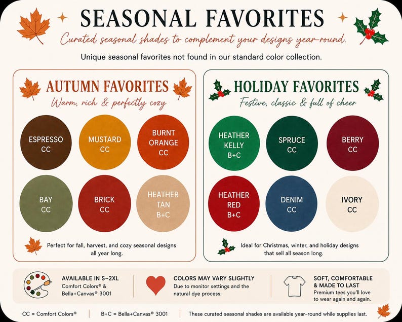 The image is a collection of seasonal color swatches for fall, winter, and holiday designs, featuring various shades of brown, green, orange, and red.
