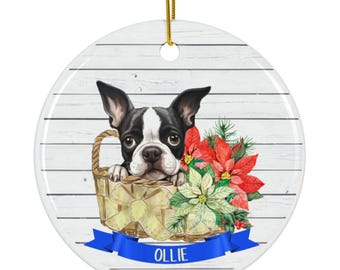 Personalized Boston Terrier Christmas Ornament, Dog Lover Holiday Decor, Poinsettia Basket Design, Custom Pet Name Gift for Dog Moms & Dads