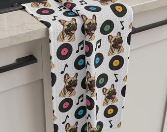 Torchon de cuisine Bouledogue français, Torchon style disque vinyle rétro, Cadeau pour maman de Bouledogue français, Torchon pour mélomane