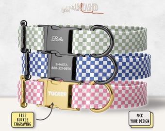 Checkerboard Personalized Dog Collars, Custom Pet Collar +Optional Leash, Engraved Metal Buckle, Green Blue Pink Check Stylish Dog Accessory