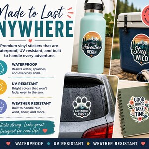 The image is a collage of various items, including a water bottle, a cooler, and a notebook, all with stickers on them. The text highlights the waterproof, UV resistant, and weather resistant features of these items, emphasizing that they are designed for real-life adventures.