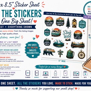 The image is an advertisement for a sticker sheet containing various stickers related to adventure, travel, and nature. It features a large sheet of stickers and a notebook, highlighting the versatility and fun of the stickers.