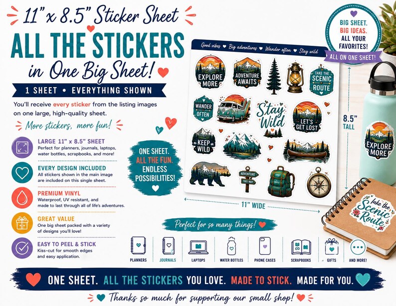 The image is an advertisement for a sticker sheet containing various stickers related to adventure, travel, and nature. It features a large sheet of stickers and a notebook, highlighting the versatility and fun of the stickers.