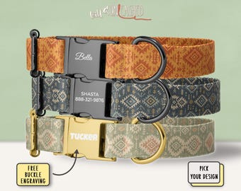 Boho Aztec Personalized Dog Collar, Earthy Sunset Cactus Vibes, Engraved Metal Buckle, Optional Matching Leash, Neutral Pet Gift for Dog Mom