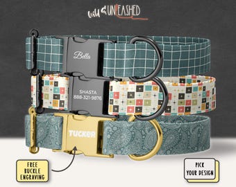 Retro Dog Collar, Personalized Custom Pet Collar with Engraved Buckle, Groovy Vintage Pattern, Optional Matching Leash, Mid-Century Modern