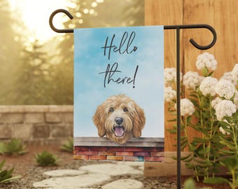 Goldendoodle Hello There Peeking Dog Garden Flag, Double-Sided Outdoor Garden Flag, Dog Yard Flag, Dog Mom Gift, Dog Dad Yard House Banner