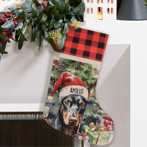 Doberman Personalized Dog Christmas Stocking, Custom Dog Owner Gift, Dog Mom Stocking Christmas Decoration, Dog Lover Plaid Christmas Decor