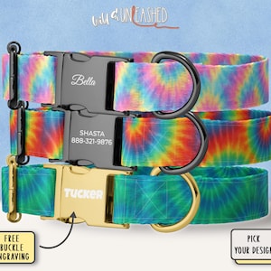 Tie Dye Dog Collar, Personalized Retro Style Pet Collar, Colorful Engraved Buckle, Groovy Hippie Gift for Dogs, Optional Matching Leash