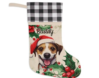 Personalisierter Weihnachtsstrumpf mit Jack Russell Terrier, individuelle Weihnachtsdekoration, Strumpf mit Büffelkaromuster und Efeu-Motiv, festliches Geschenk für Hundemama