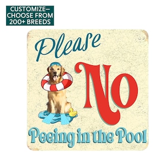May include: A vintage-style sign with a golden retriever wearing a life preserver and goggles, with the text "Please No Peeing in the Pool".