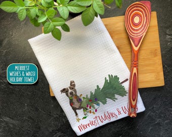 Pitbull Gifts, Christmas Tea Towel, Merry Wishes & Wags, Christmas Hand Towel, Funny Kitchen Towel, Funny Christmas Gift for Pitbull Mom