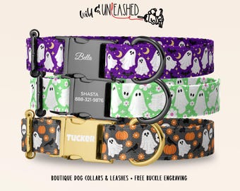 Spooky Cute Ghost Dog Collar, Personalized Halloween Pet Collar with Engraved Metal Buckle, Handmade Trick or Treat Accessory