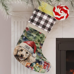 Poodle Personalized Dog Christmas Stocking, Custom Dog Owner Gift Pet Stocking Christmas Decoration, Xmas Dog Lover Plaid Christmas Holiday