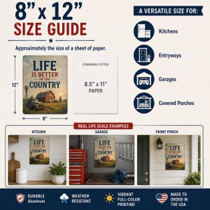 The image is a size guide for a sign that says "Life is better in the country" with various examples of the sign's size in different settings.