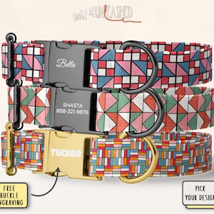 May include: Three dog collars with geometric patterns in pink, blue, green, and orange. The top collar has a black buckle engraved with "Bella". The middle collar has a black buckle engraved with "Shasta" and a phone number. The bottom collar has a gold buckle engraved with "Tucker".