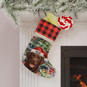 May include: A Christmas stocking featuring a red and black buffalo plaid cuff and a printed illustration of a brown Labrador retriever wearing a Santa hat with the name Mochi printed on the brim, set against a background of gifts and a tree.