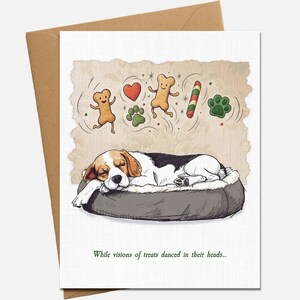 A sleeping dog in a bed, surrounded by various treats and toys, with the caption "While visions of treats dance in their heads..."
