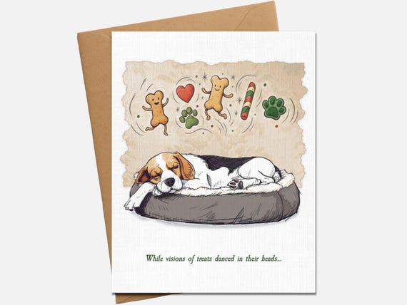 While Visions of Treats Danced in Their Heads Dog Christmas Card, Sleeping Beagle Holiday Card, Blank Inside, Pet Lover Greeting Card