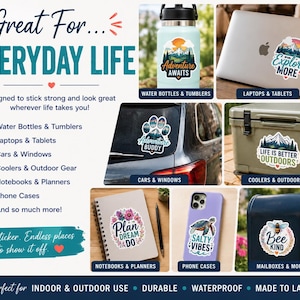 The image is a collage of various stickers and items, including water bottles, laptops, and phone cases, with the text "Great For Everyday Life" and " Endless places to show it off!" The stickers and items are designed to be used for both indoor and outdoor use, and they are described as durable, waterproof, and made to last.
