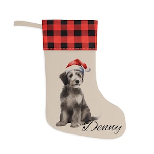 Personalized Aussiedoodle Christmas Stocking, Santa Hat Design, Custom Dog Lover Gift, Plaid Cuff Holiday Decor, Cute Pet Stocking Idea