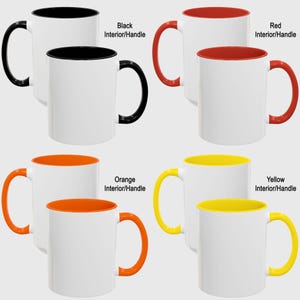 a set of four different colored coffee mugs
