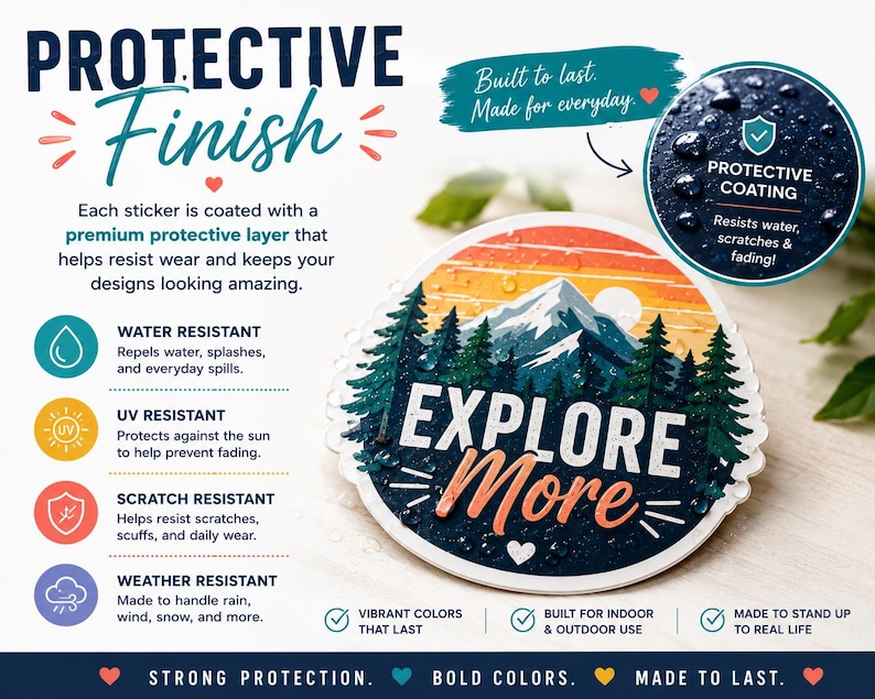 The image is an advertisement for a protective finish product. It features a sticker with a mountain landscape and the words "Explore More" written on it. The sticker is described as having a premium protective layer that helps resist wear and keeps designs looking amazing. The product is also highlighted for its water, UV, scratch, and weather resistance, as well as its vibrant colors and durability. The ad emphasizes that the product is built to last and can be used indoors and outdoors.