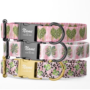 Personalized St. Patrick’s Day Dog Collar with Clover & Pink Designs, Custom Metal Buckle, Optional Matching Leash, Holiday Pet Accessories