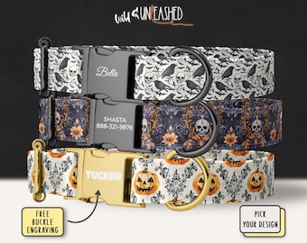 Gothic Halloween Dog Collar, Personalized Pet Collar with Skull, Raven, Pumpkin Prints, Free Engraved Buckle, Handmade Spooky Fall Dog Gift