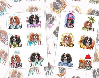 King Charles Cavalier Spaniel Sticker Sheet: Colorful Months of the Year - Waterproof Vinyl, Planner & Journal Use
