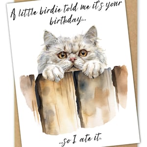 Watercolor Cat Birthday Card, Persian Cat Lover Gift, Peeking Cat Friend Birthday Greeting Card, Cat Mom Happy Birthday Card, Pet Lover Gift