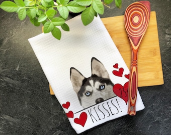 Siberian Husky Dog Kisses Valentines Day Gift for Mom, Husky Mom Valentine Gift, Hearts Dish Towel, Valentines Dog, Husky Kitchen Tea Towel