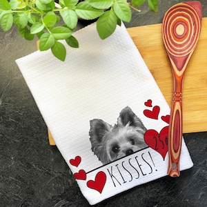 Yorkie Dog Kisses Valentines Day Gift for Mom, Yorkshire Terrier Mom Valentine Gift, Hearts Dish Towel, Valentines Dog, Kitchen Tea Towel