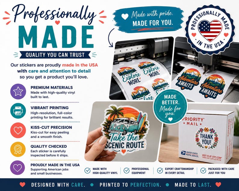 The image is a promotional advertisement for a company that makes stickers. It features a collage of images showcasing the quality and craftsmanship of the stickers, along with text highlighting the company's pride in making high-quality products.