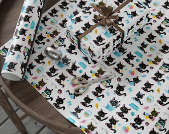 Cute Black Cat Print Gift Wrapping Paper Roll, Cat Gift Wrap, Cat Mom Wrapping Paper, Veterinarian Gift Paper, Cat Lovers Gift for Friend