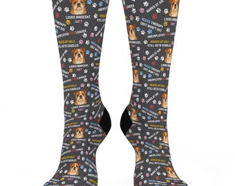 May include: A pair of dark gray socks with a repeating pattern of bulldog faces, paw prints, and text. The text includes phrases like "Wakes up ugly, still gets cuddles" and "Looks innocent, isn't".