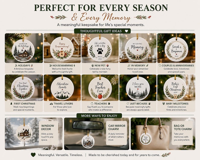 The image is a collage of 12 different holiday-themed ornaments, each with a unique design and message, arranged in a grid format. The ornaments include Christmas trees, snowflakes, and other festive elements, as well as messages like "Happy Holidays!", "Life is better when you're with family", and "I love you". The collage offers a variety of holiday-themed ornaments that can be used as gifts or decorations for different occasions.