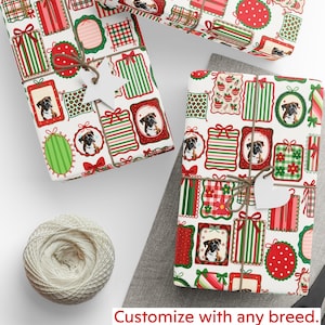 a collection of Christmas-themed gift wrapping paper with various patterns and designs, including images of dogs and other festive elements. There is also a spool of thread and a pair of scissors visible in the image.