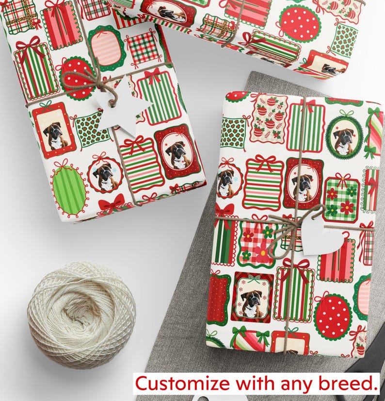 a collection of Christmas-themed gift wrapping paper with various patterns and designs, including images of dogs and other festive elements. There is also a spool of thread and a pair of scissors visible in the image.