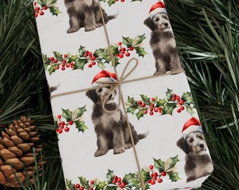 Aussiedoodle Christmas Wrapping Paper, Festive Dog Gift Wrap, Santa Hat and Holly Design, Holiday Gift Wrapping, Cute Christmas Gift Wrap