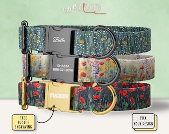May include: Three dog collars with floral patterns and personalized buckles. The top collar has a dark blue background with yellow flowers and a black buckle engraved with Bella. The middle collar features a light background with colorful wildflowers and a black buckle engraved with SHASTA and 888-321-9876. The bottom collar has a dark background with red poppies and a gold buckle engraved with TUCKER.