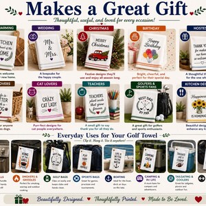 The image is a collage of various golf towel designs and their uses, showcasing different types of golf towels and their functionalities.