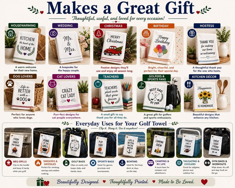 The image is a collage of various golf towel designs and their uses, showcasing different types of golf towels and their functionalities.