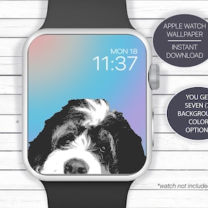 May include: A black and white illustration of a dog's face peeking out from the bottom of the screen on an Apple Watch. The watch face displays the time "11:37" and the date "MON 18". The text "APPLE WATCH WALLPAPER INSTANT DOWNLOAD" is displayed above the watch face. The text "YOU GET SEVEN (7) BACKGROUND COLOR OPTIONS" is displayed below the watch face. The text "*watch not included" is displayed below the watch.