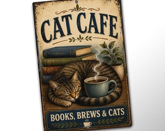 Cat Cafe Metal Sign, Books Brews & Cats Wall Decor, Vintage Coffee Shop Style Sign, Cozy Reading Nook Decor