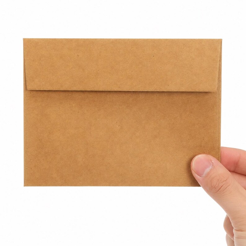 A hand holding a brown envelope against a white background.