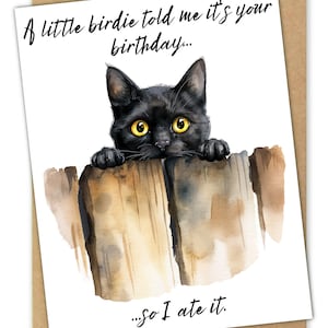 Handmade Watercolor Print Black Cat Birthday Card, Cute Feline Greeting, Cat Lover Gift, Unique Cat Stationery Gift For Cat Mom