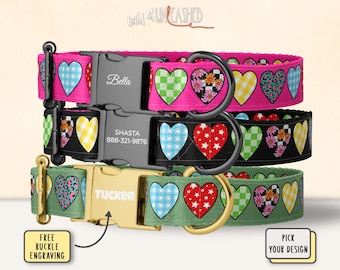 Collier pour chien personnalisé coeurs mignons, collier pour animal de compagnie personnalisé avec boucle en métal gravée, laisse assortie en option, cadeau pour amoureux des chiens, fournitures pour chiots