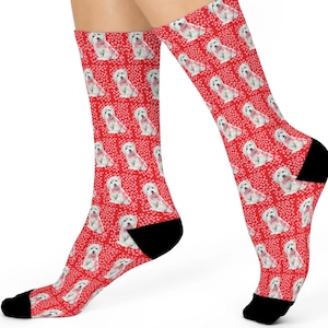May include: Red socks with a repeating pattern of white dogs wearing pink bows, set against a background of small pink hearts. The socks have black heels and toes. A fun and colorful accessory.